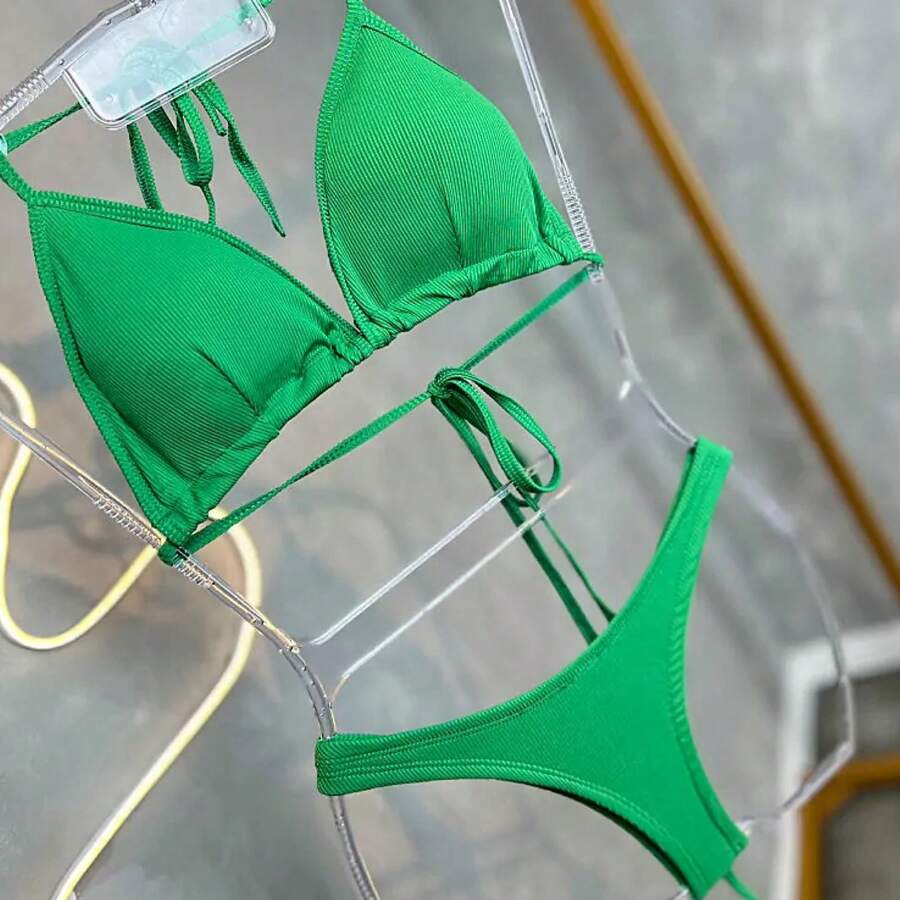 Bronze Double String Bikini Set For Adults - 墨綠色 - 查看 1