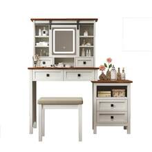 46.5'' Farmhouse Makeup Vanity Desk With Adjustible LED Lighted Mirror And Charging Station For Bedroom, Rustic Dressing Vanity Table With Side Cabinet And Cushioned Stool For Women - 天然木材 - 查看 10