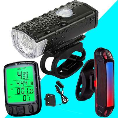 Farol Bike 300 Lumens Luz Led Usb Ciclismo + Sinalizador Azul e Vermelho + Velocímetro Com Fio Bike