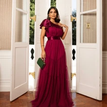 Vestido princesa em tule longo para eventos especiais. - Vinho - Visão 1
