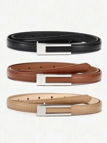 3 Peças Cinto de Cintura Adolescente Feminino de Couro Sintético com Fivela Dourada para Calças Denim - cinto - Visão 3