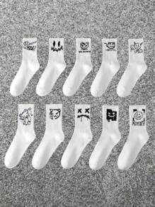 1/3/6/8 Pairs Mixed Black & White Graffiti Design Mid-Calf Socks For Men, Suitable For Casual, Outdoor, And Sports Wear