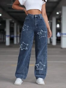 Women Casual Star Embroidered Denim Jeans - Dark Wash - View 3