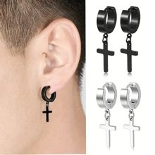 2 对不锈钢低敏感吊坠耳环时尚穿孔耳环黑色银色男士 - 吊墜耳環 - 查看 8