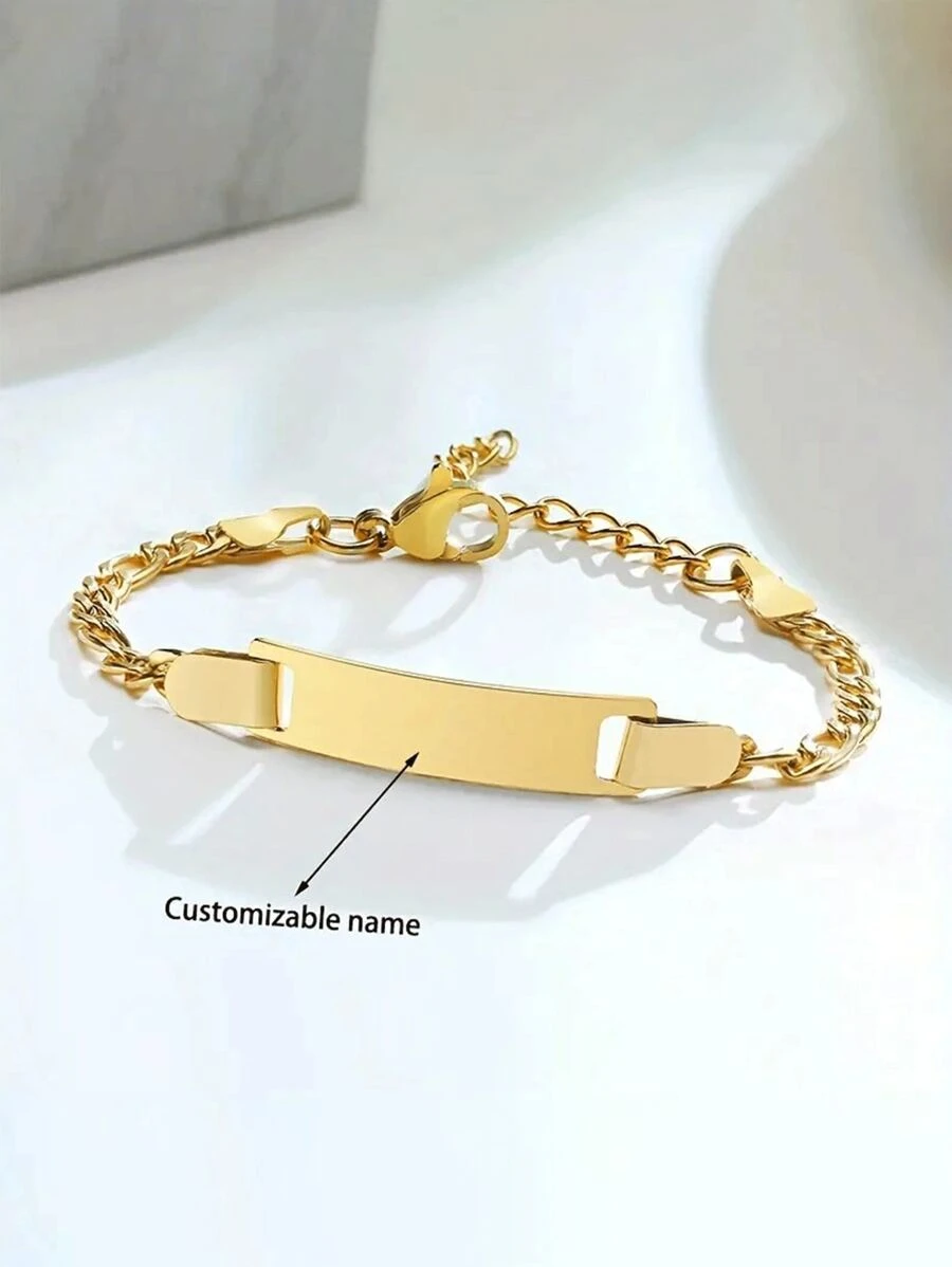 1 Customizable Stainless Steel Footprint ID Bracelet - Exquisite Punk Style Chain With Engraved Nameplate And Personalized Information - A Unique Gift For Loved Ones,Gold,Stylish,Colorful,Vintage,Unisex,Hipster,Simple,Casual,Custom,Personalized,Unique,Ideal Gifts For Him,Ideal Gifts For Her,Her,Boyfriend,Girlfriend,Dad,Mom,Family,Friends,For Anniversaries,For Birthdays,For Graduation,For Prom,For Party,Jewelry Women,Elegant Outfit
