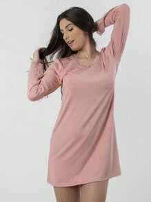 Women's Long Sleeve Nightgown Comfortable Pajamas Warm Sleepwear Lace Detail - Màu Hồng baby - Xem 1