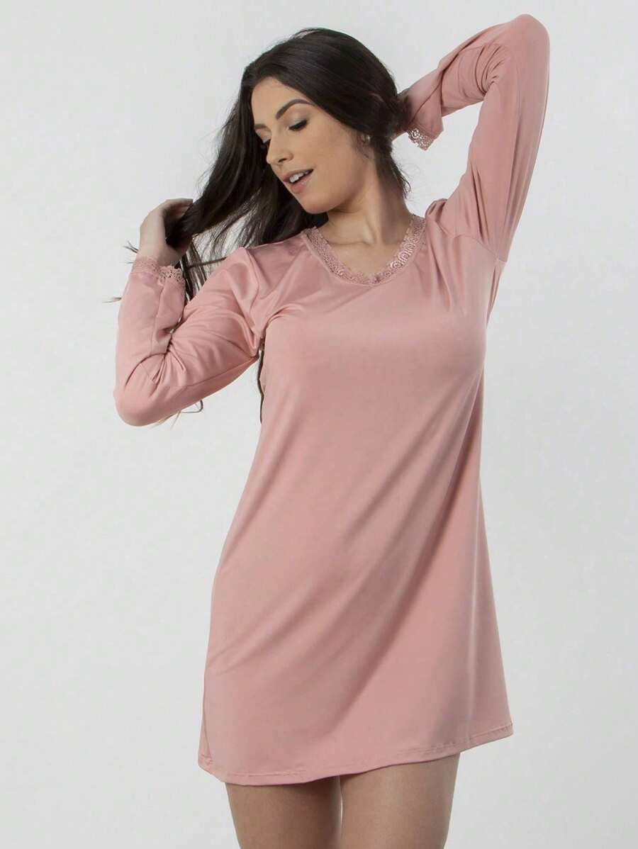 Women's Long Sleeve Nightgown Comfortable Pajamas Warm Sleepwear Lace Detail - Màu Hồng baby - Xem 1