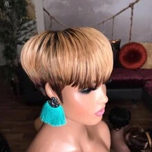Peruka Pixie Cut dla kobiet z ludzkich włosów, warstwowa, 1B/4/27, kolorowa, z naturalnych włosów, krótka peruka bez koronki z przodu, w pełni maszynowo wykonana, peruka Pixie Cut dla kobiet, fryzura bez kleju, peruki na Boże Narodzenie, Święto Dziękczynienia, kostiumy na Halloween, cosplay, peruka imprezowa, do codziennego użytku