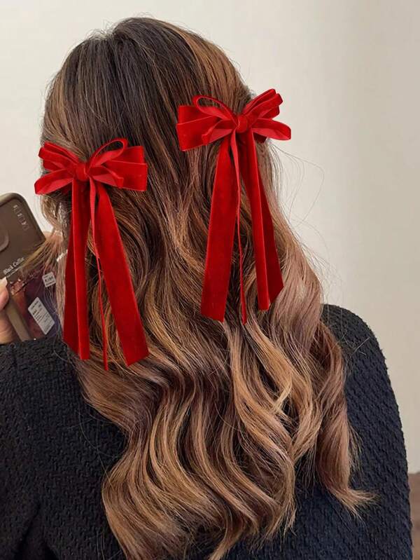 2pcs Red Velvet Hair Bow Clips With 2 Layers Ribbon Tails, Winter Hair Accessories For Girls And Women, Great For Gifts And Wear Valentine's Day Valentines