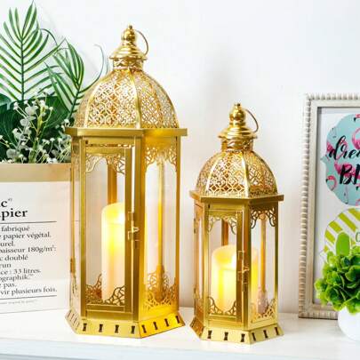 Set Of 2 Decorative Candle Lantern 50 Cm & 38 Cm High Outdoor Ramadan Candleholders Vintage Metal Candlestick For Garden Porch Parties Weddings Patio Indoor Home Decor(Gold)