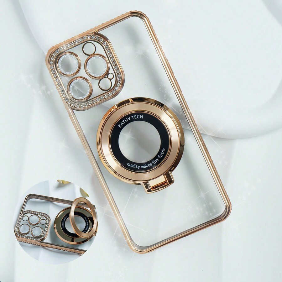 1pc Fashionable Diamond Phone Case With Glitter Lens Protective Film