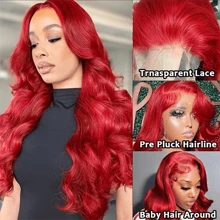 34Inch 250 Density Red Body Wave 13x4 HD Lace Front Wigs Human Hair Pre Plucked With Baby Hair 12A Brazilian Remy Wavy 13x4 Lace Frontal Human Hair Wigs For Women Red Color - SRed - 查看 2