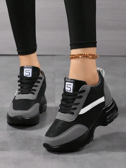 秋冬女式拼色休闲运动鞋，系带低帮圆头防滑增高运动鞋，户外运动鞋