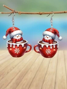 1 对时尚红色咖啡杯雪人亚克力耳环女士潮流耳环圣诞耳环节日派对耳环珠宝配饰圣诞礼物 - 紅色 - 查看 7