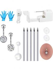 AVYRING 13 Stücke Bauchnabelpiercing-Set, Lange Bauchnabelpiercing-Pistolen-Nadeln-Set aus rostfreiem Stahl, Zunge, Ohr-Piercing-Pistole, Bauch-Lippen-Körper-Piercing-Nadel-Werkzeug-Sets, Nabelpiercing für Frauen