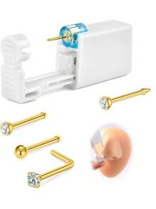 AVYRING 4-10Pcs Nose Piercing Kit With Silver Gold Nose Stud, 1Pack Nose Piercing Gun, Disposable Nose Piercing Kit With Straight L-Shape Nose Rings Stud White CZ Nose Piercings Gun Kit Tool