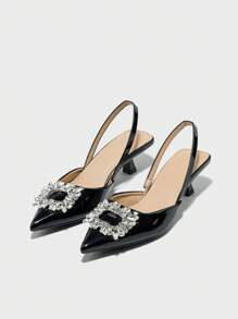 Women's Rhinestone Decor Pointed Toe Kitten Heel Slingback Pumps, Charming Black Mirror High Heels For Party/Wedding, Autumn/Winter