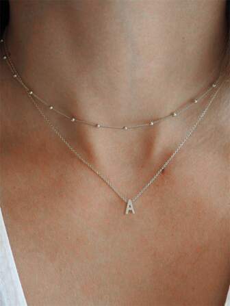 2 piezas Elegante Minimalista Juego de Collares Colgante de Letra 26 de Acero Inoxidable Plateado, Regalo de Joyería de Moda para Novia, Esposa, Madre, Familia, Amigos, Cumpleaños, Aniversario, Favorecido por Mujeres Jóvenes