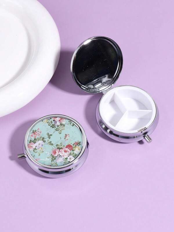 1pc Floral Pattern Foldable Medicine Storage Box, Mint Green Stainless Steel Round Pill Dispenser Box For Outdoor, Portable Accessories Storage