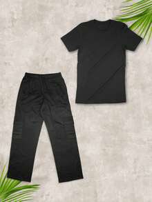 Black Basic 100% Cotton T-Shirt And Cargo Pants Unisex Streetwear Casual Set - 黑色 - 查看 1