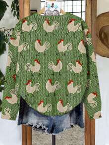 Autumn And Winter Fashionable Casual Comfortable Random Rooster Print Crew Neck Sweater Long Sleeve Pullover - Green - View 2