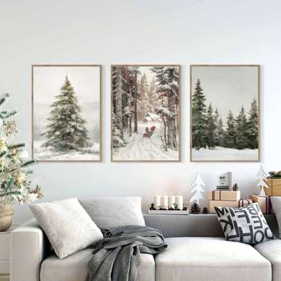 3 Stücke/Set Winterlandschafts-Leinwanddrucke, Winterwald-Muster, Weihnachtsbaum-Muster, Weihnachtskunstdruck, Ferienhaus-Wandkunst, Winterdrucke ohne Rahmen