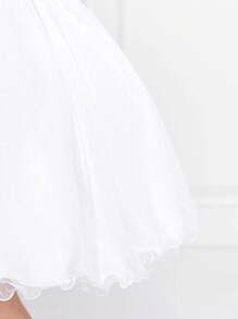 Children's White Glitter Dress Sleeve Godê Round Party Princess Themed Pearl Belt - 白色 - 查看 7