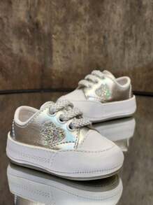 Newborn Baby Girl Pink Sneakers With Sole For Christening - 銀色 - 查看 3