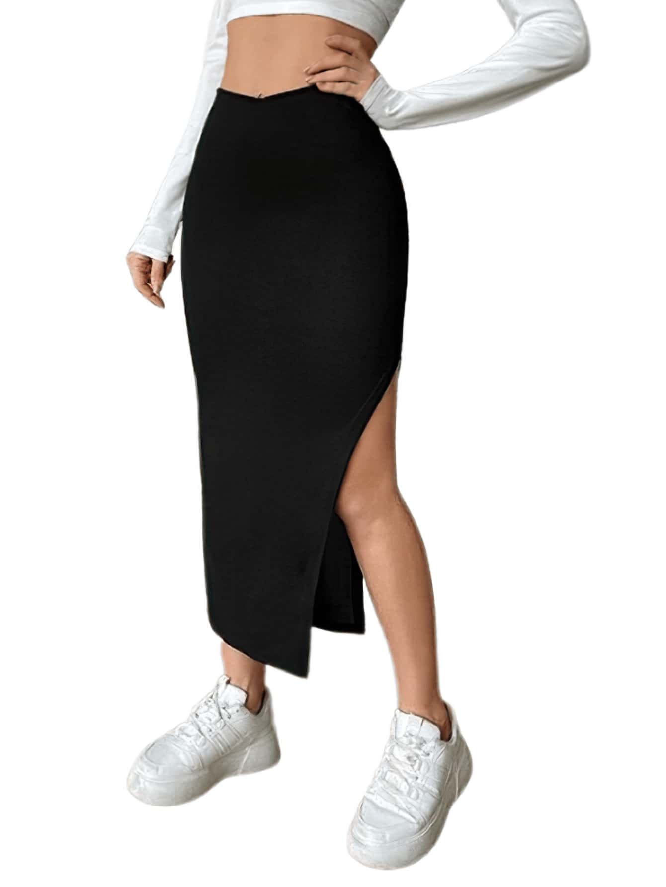 Falda mujer larga ajustada casual talle alto con abertura en pierna Negro - Negro - Ver 1