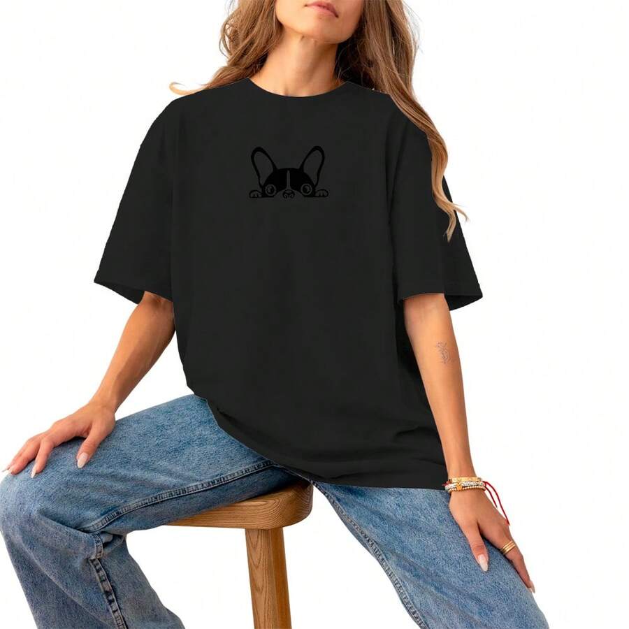 Women's Printed Blouse Basic Casual Premium Cotton T-Shirt Soft Comfortable - 黑色 - 查看 1