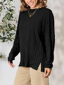 Women's Casual Sweater Oversized Pullover Daily Sweater Royal Blue Solid Color Soft Knit Fabric Long Sleeve Pullover Style Relaxed Fit Crew Neckline Hip-Length Ribbed Pattern Fall/Winter Comfortable And Cozy Ideal For Casual Outings Or Layering - 黑色 - 查看 2