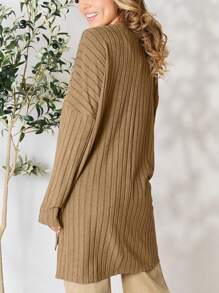 Women's Casual Knit Top Oversized Long Sleeve Basic Ribbed Slit Solid Knit Top Khaki Ribbed Knit Fabric Long Sleeve Pullover Loose Fit Crew Neck Tunic Length Solid Color Fall/Winter High-Low Hem Cozy Layering Piece Everyday Wear - 卡其色 - 查看 1