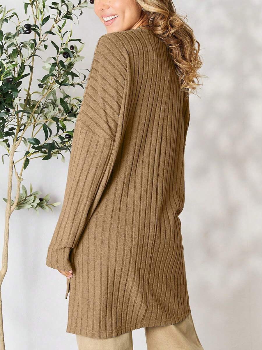 Women's Casual Knit Top Oversized Long Sleeve Basic Ribbed Slit Solid Knit Top Khaki Ribbed Knit Fabric Long Sleeve Pullover Loose Fit Crew Neck Tunic Length Solid Color Fall/Winter High-Low Hem Cozy Layering Piece Everyday Wear - 卡其色 - 查看 1