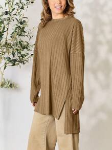 Women's Casual Knit Top Oversized Long Sleeve Basic Ribbed Slit Solid Knit Top Khaki Ribbed Knit Fabric Long Sleeve Pullover Loose Fit Crew Neck Tunic Length Solid Color Fall/Winter High-Low Hem Cozy Layering Piece Everyday Wear - 卡其色 - 查看 2