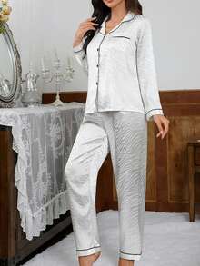 Bộ 2 áo len cardigan và quần dài, lụa lạnh màu trơn, bộ đồ ngủ thời trang cho nữ, đồ mặc nhà thoải mái, phù hợp cho mùa thu/đông, phong cách giản dị thanh lịch - trắng - Xem 3