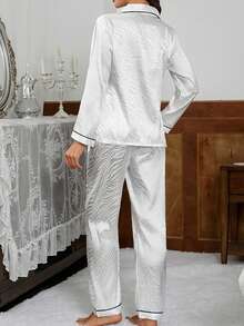 Bộ 2 áo len cardigan và quần dài, lụa lạnh màu trơn, bộ đồ ngủ thời trang cho nữ, đồ mặc nhà thoải mái, phù hợp cho mùa thu/đông, phong cách giản dị thanh lịch - trắng - Xem 2