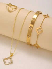 新款时尚高品质不锈钢花朵和锆石手链、开口手镯、项链首饰套装，适合女性日常佩戴情人节、妈妈、母亲、母亲节、礼物 - 金黃色 - 查看 14