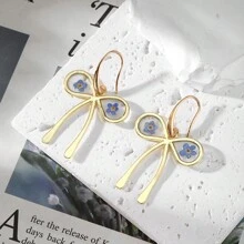 1 Pair Blue Series Preserved Dried Flower Alloy Handmade Resin Flower Drop Earrings
