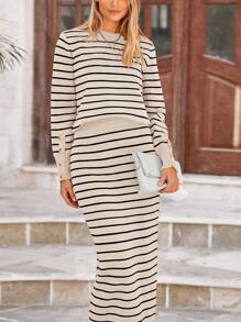 Women's Two Striped Sweater With Long Sleeve Knit Pullover Pencil Skirt Matching Travel Wear - Sọc mơ - Xem 2