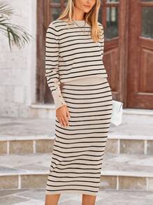 Women's Two Striped Sweater With Long Sleeve Knit Pullover Pencil Skirt Matching Travel Wear - Sọc mơ - Xem 5