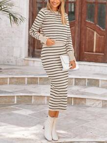 Women's Two Striped Sweater With Long Sleeve Knit Pullover Pencil Skirt Matching Travel Wear - Sọc mơ - Xem 3