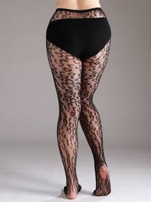 1pc Plus Size High Stretch Leopard Print Fishnet Leggings, Sexy Black Hollow Net Stockings For Halloween Costume, Fashionable - Black - View 4