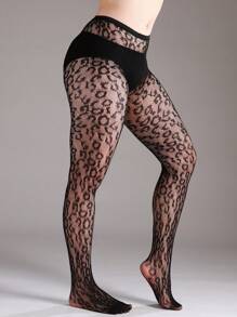 1pc Plus Size High Stretch Leopard Print Fishnet Leggings, Sexy Black Hollow Net Stockings For Halloween Costume, Fashionable - Black - View 2