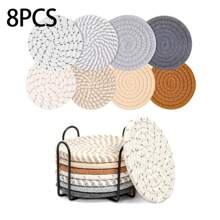 4pcs/8pcs Woven Drink Coasters, Round Absorbent Beverage Cup Mats, Handmade Fabric Coasters, Absorbent Coaster Set With Tray, Bohemian Style (Excluding Rack)