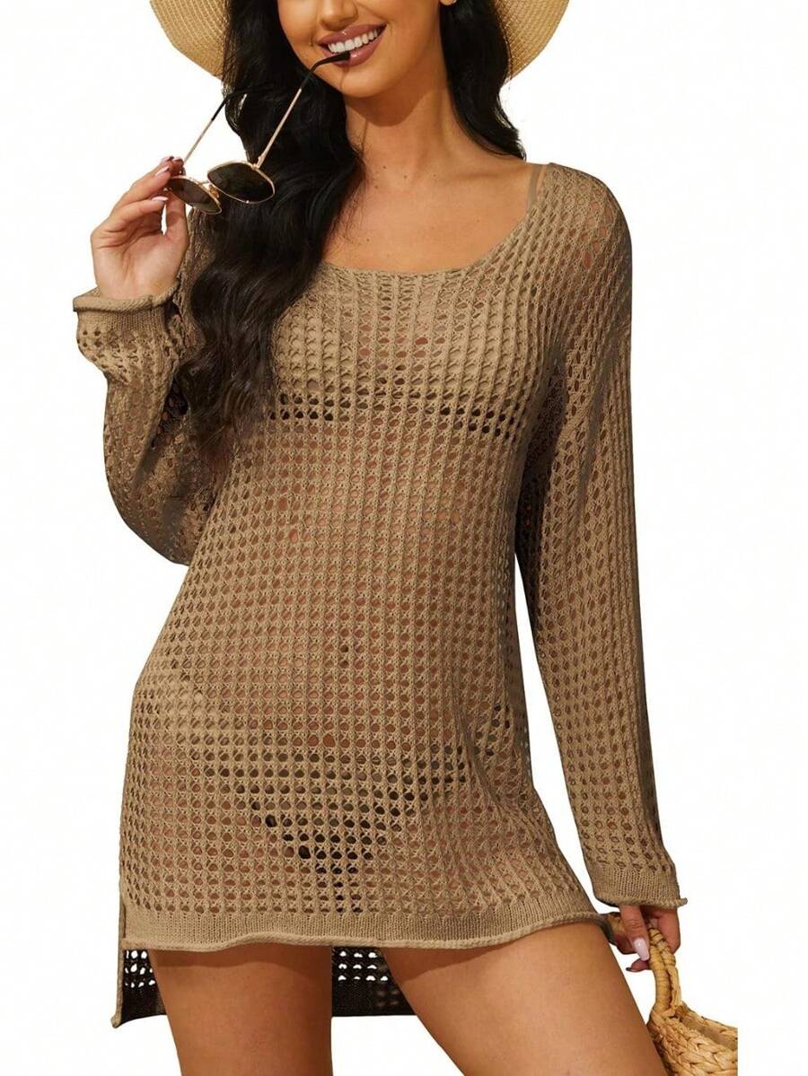CICILEEDA Women Crochet Cover Up Hollow Out Long Sleeve Bathing Suit