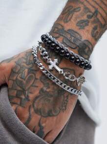 4pcs/Set Punk Cross Beaded Stainless Steel Chain Bracelet Set, Suitable For Men, Versatile For Daily Wear, Party, Birthday, Christmas, Valentine's Day, Thanksgiving, New Year Gift