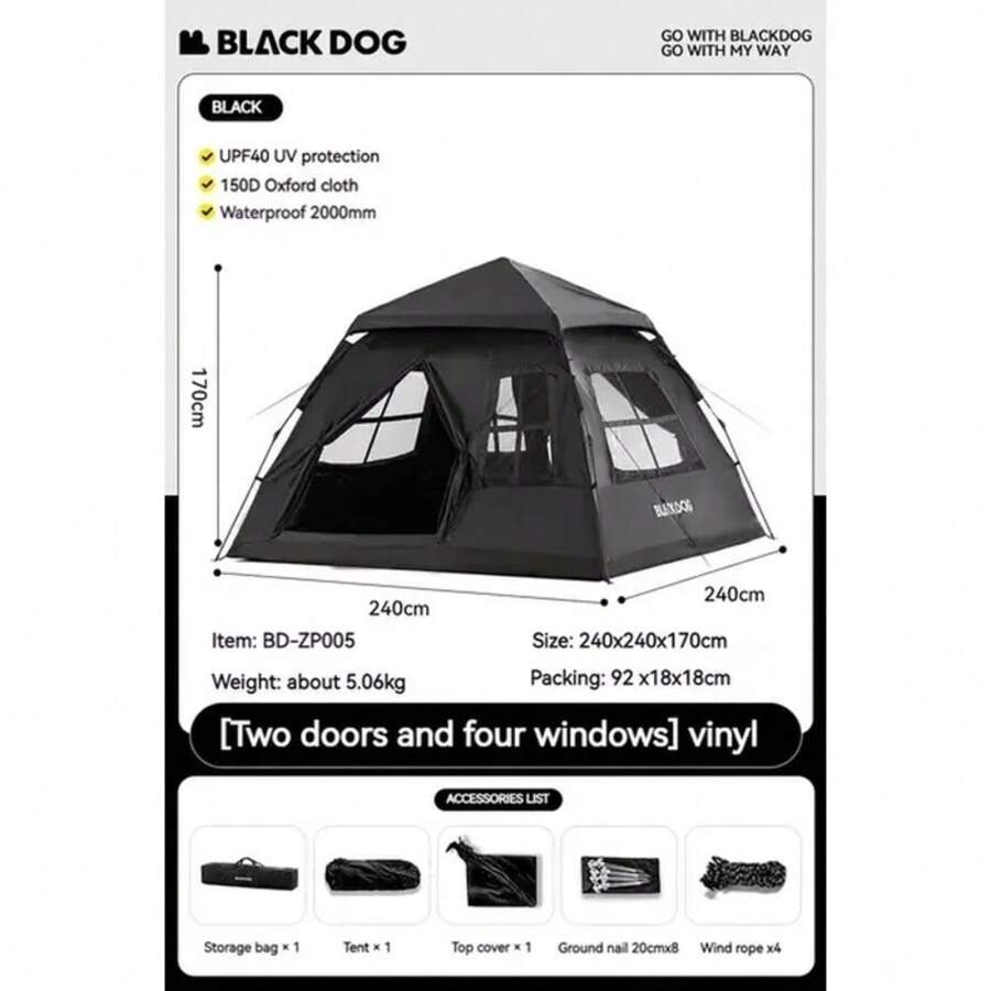 BLACKDOG Automatic Tent Black Coating Two Doors Four Windows Camping