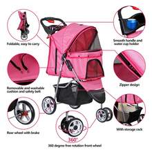 Foldable Pet Stroller, Cat/Dog Stroller With 3 Wheel, Pet Strolling Cart, Dog Travel Carrier With Storage Basket + Cup Holder (Pink) - 粉色 - 查看 4