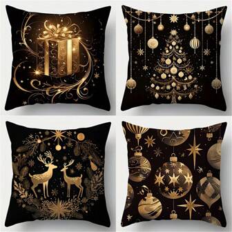 4 יחידות סט כיסויי כריות קטיפה בעור אפרסק - עיצוב יוקרתי תלת מימדי זהוב ושחור, 45x45 ס"מ - מושלם לעיצוב סלון וחדר שינה, ניתן לכביסה במכונה עם סגירת רוכסן, עיצוב ליום האהבה