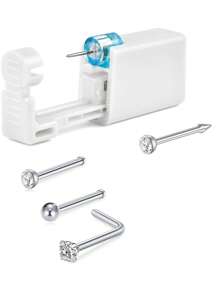 AVYRING 4-10Pcs Nose Piercing Kit With Silver Gold Nose Stud, 1Pack Nose Piercing Gun, Disposable Nose Piercing Kit With Straight L-Shape Nose Rings Stud White CZ Nose Piercings Gun Kit Tool